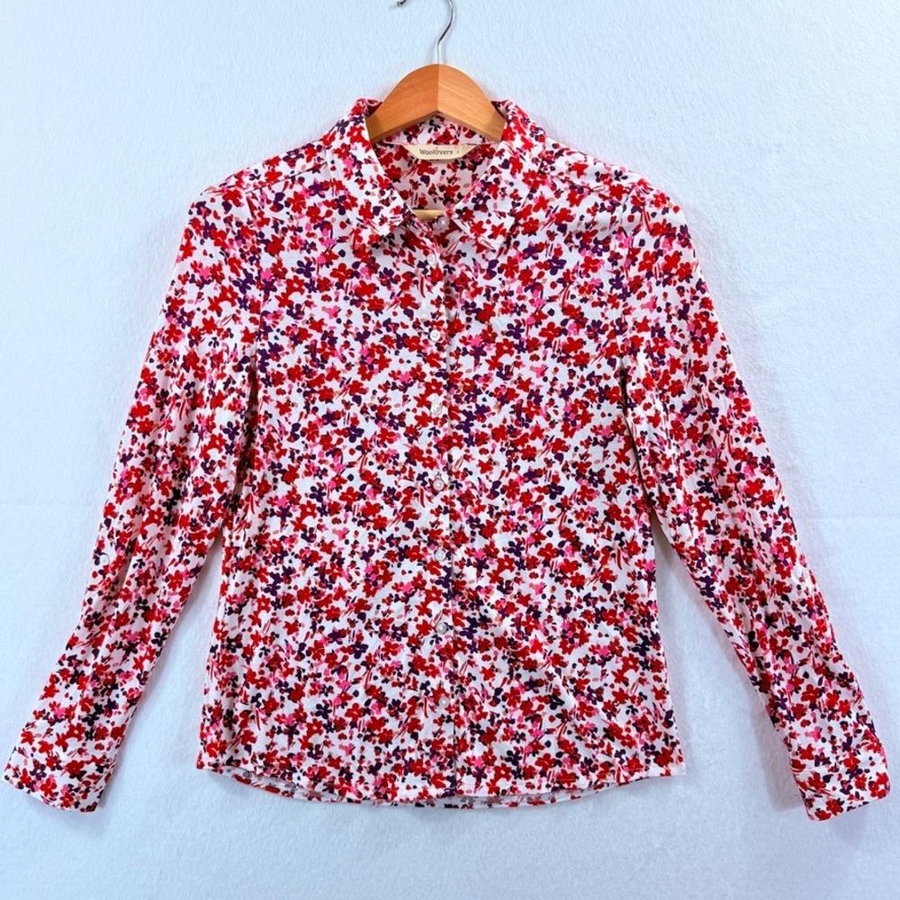 WoolOvers Shirt Womens Small Red Floral Long‎ Sleeve Cottagecore Preppy Garden